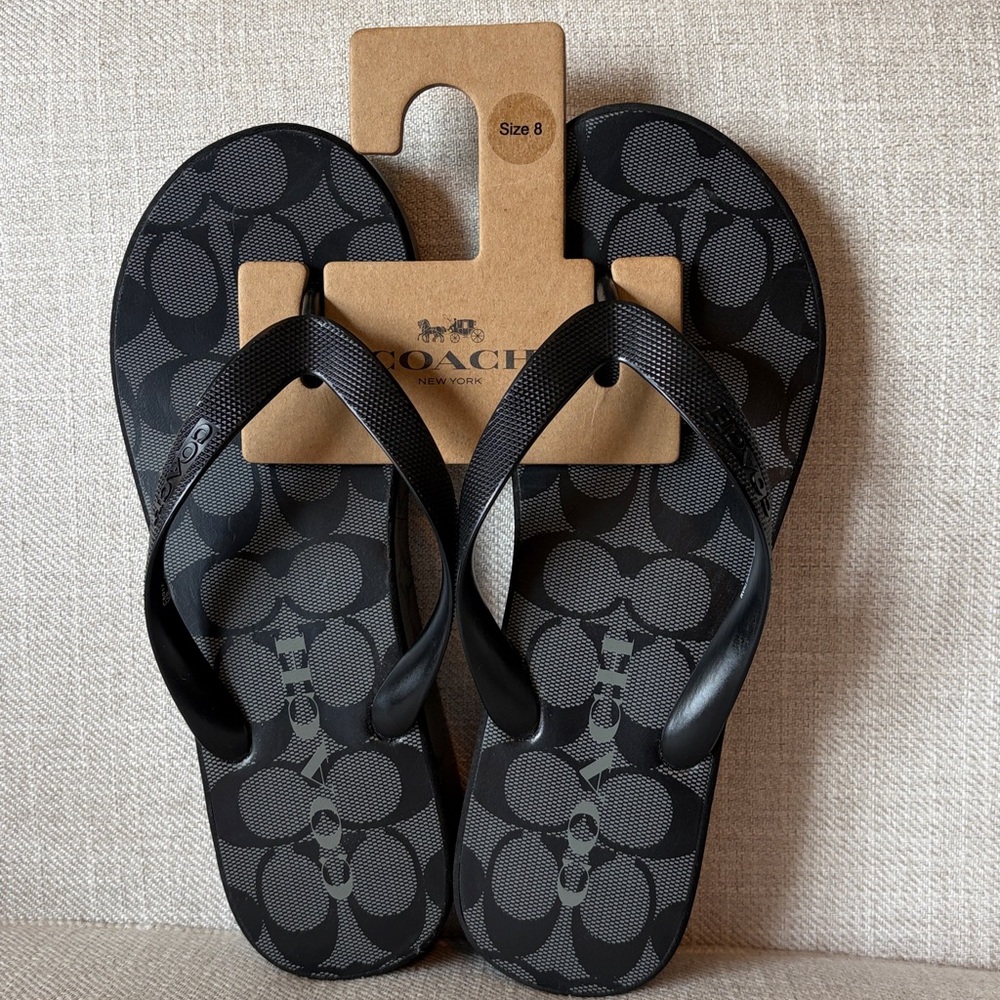 Coach Size 8 Black Signature Monogram Platform Flip Flop Sandals NEW WITH TAGS - Picture 9 of 12